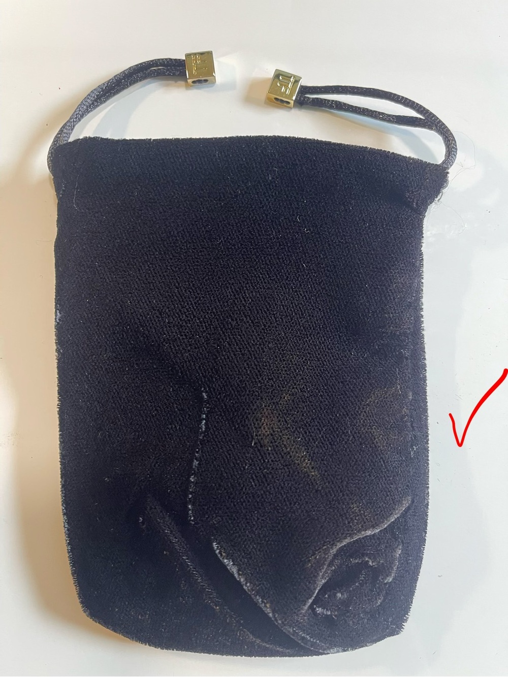 TF Drawstring, Black, Velvet pouch with gold hardware and with satiny inside.